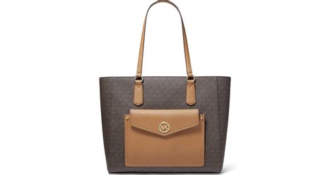 Michael Kors Joey Large Leather Pocket Tote Brown Signature